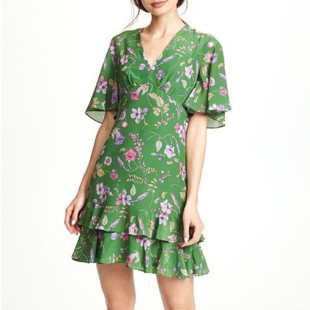 Shoshanna Virginia Green Floral Silk Ruffle Dress